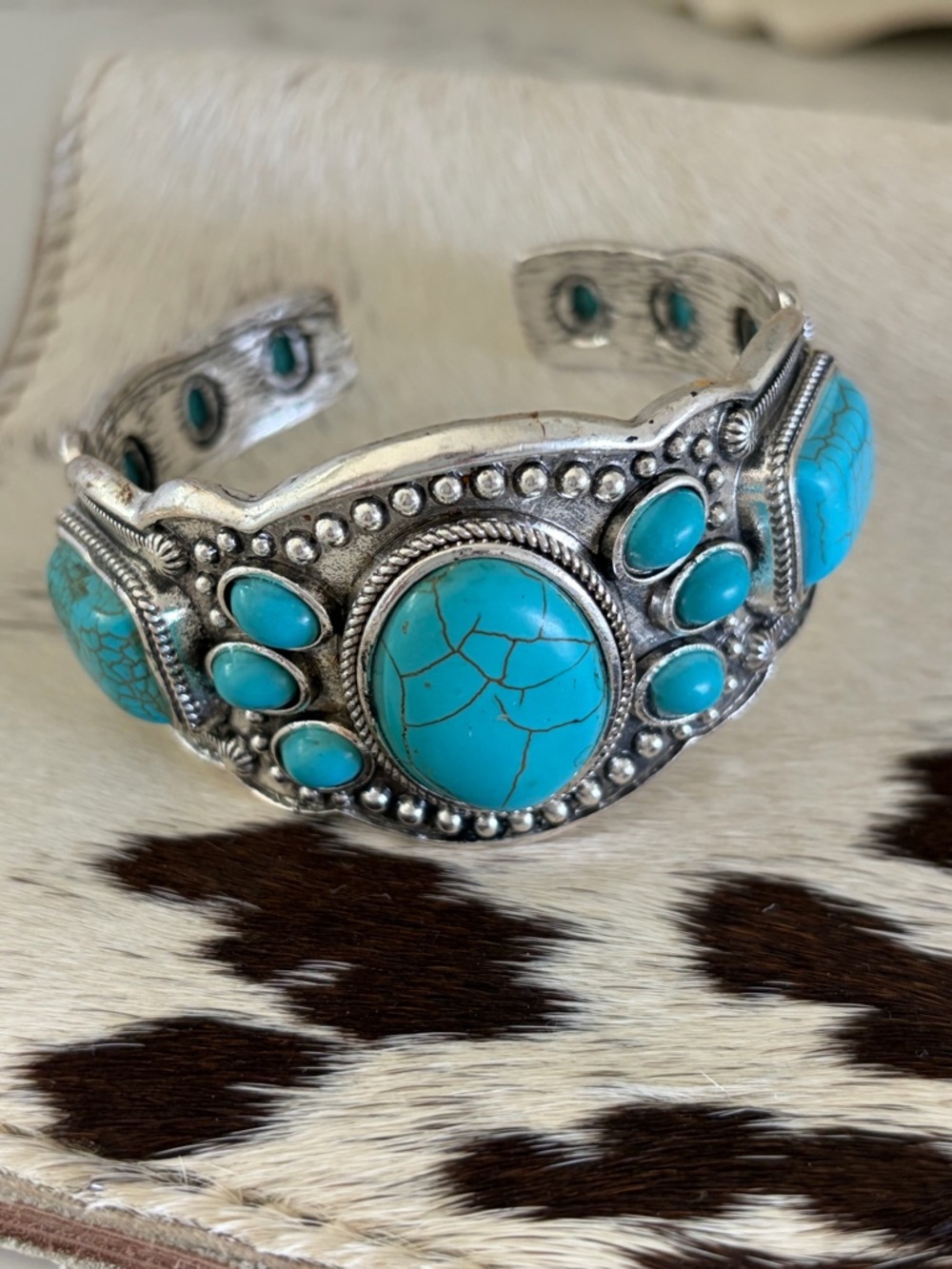 Turquoise Stone Silver Tone Cuff Bracelet - Women Jewelry Slay Southwestern Drip